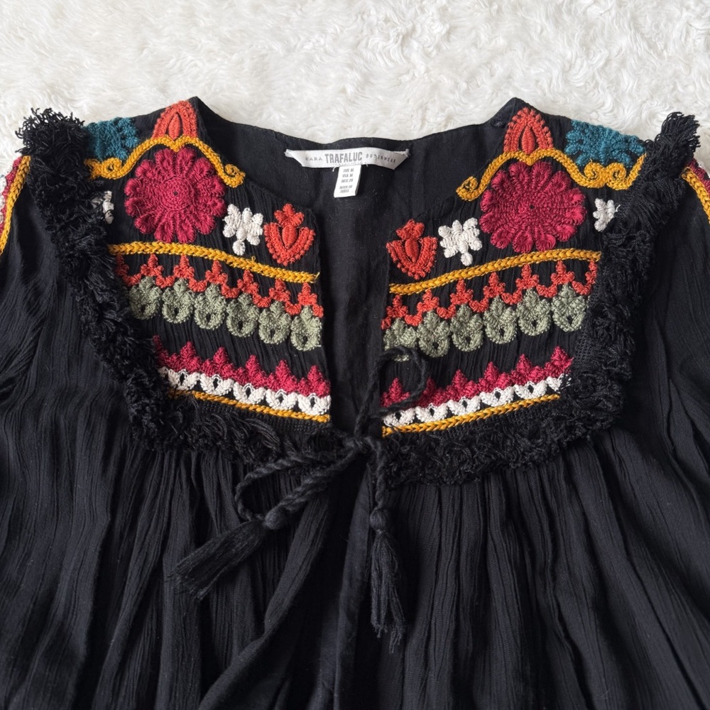 Zara Black Embroidered Boho Peasant Blouse with Multicolor Accents - Picture 2 of 10